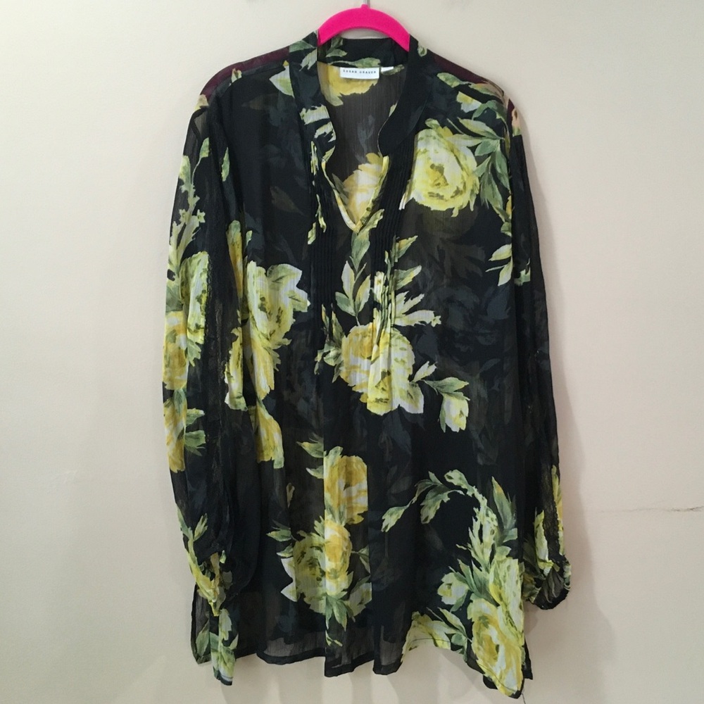 Susan Graver Women's Plus 2X Black Yellow Floral Sheer Chiffon Tunic Top Blouse